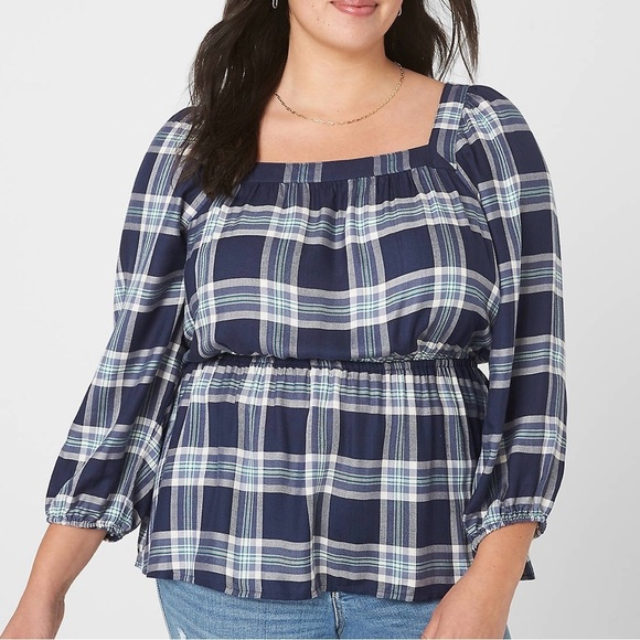Lane Bryant 3/4 Sleeve Square Neck Peplum Top Blue Plaid Shirt Plus Size 20 - Picture 1 of 11